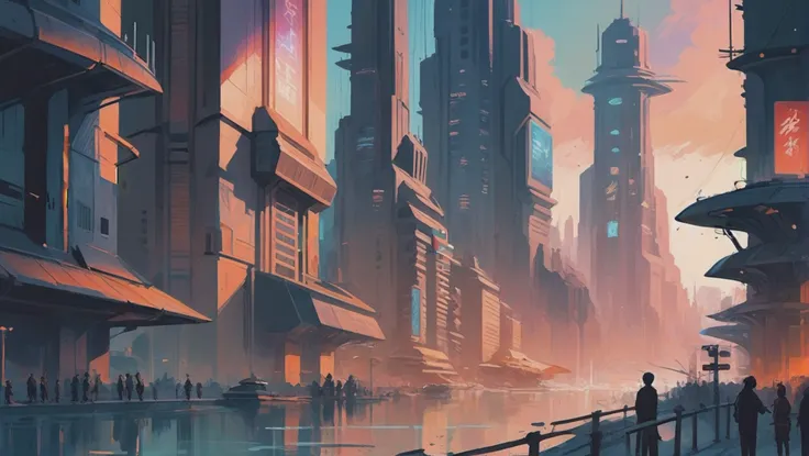 futuristic city with people walking on the sidewalk and a bridge