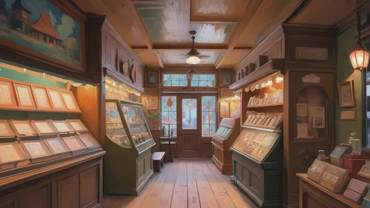 there is a painting of a store with many items on display