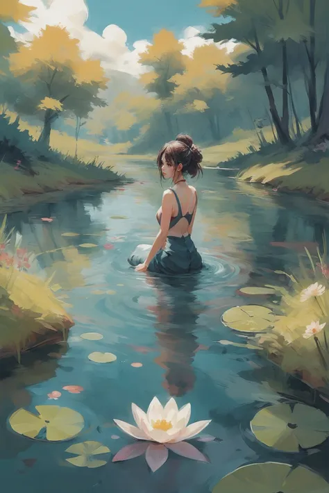 a painting of a woman sitting in a pond with a flower