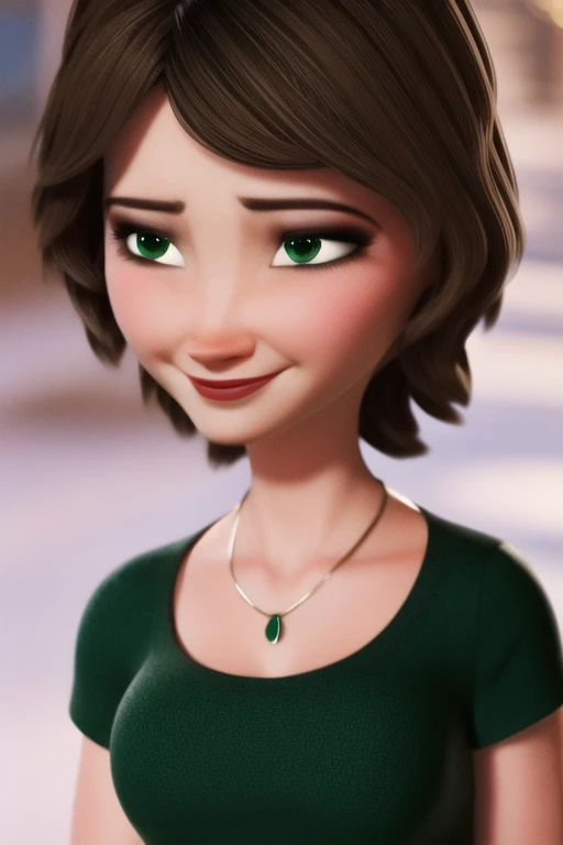 aunt cass, modern disney style,1girl, solo, medium breasts, brown hair, short hair, green shirt, looking at viewer, green eyes, ...