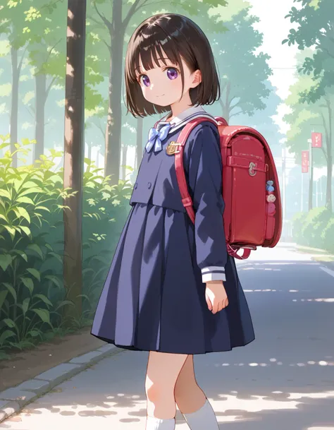 anime girl with a backpack walking down a street