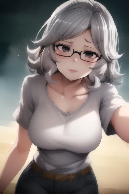 (best quality:1.0), young 1girl, stunningly attractive, perfect feminine face, (cute:1.2), silver short wavy hair, (aroused:1.1), playful, (white t-shirt), detailed background, black eyes, highres, dynamic angle, (cinematic lighting:1.2), (by Range Murata:...