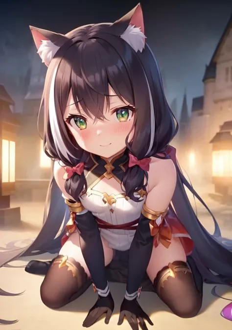 (witch suit), ((purple suit)),sleeveless_dress,((black hair)),(((anime fine details portrait of kyaru, a delicate girl from princess connect re dive,)),(extremely delicate and beautiful), best quality, official art, headpiece, global illumination, soft sha...