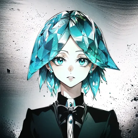 <lora:phos-lora:1> phosphophyllite, phos, hair made of glass, portrait, green hair, bowtie. 1990 anime style, (evangelion:1.1) s...