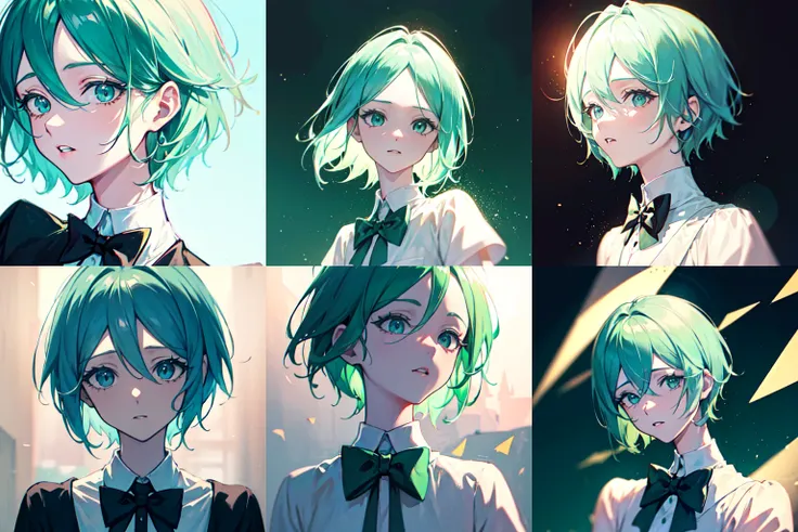 <lora:phosphophyllitefromlandof_v10:1> phosphophyllite, phos, hair made of glass, portrait, green hair, bowtie. 1990 anime style...