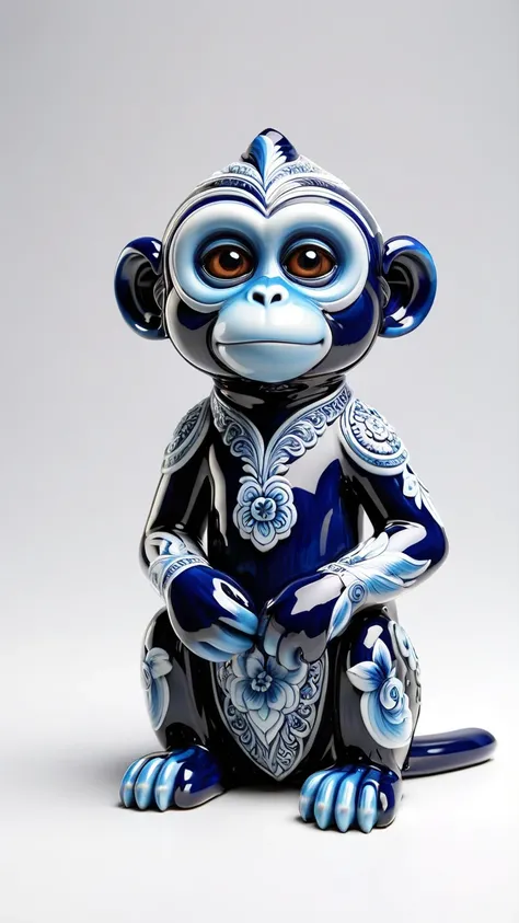 Movie Style, the cutest blue and white porcelain, cultural relic in the world, monkey in blue and white porcelain style, cultural relic,white background, 3d printed, hdr, 8k, intricate details, cinematic light, sharp focus, vibrant color scheme, atmospher...