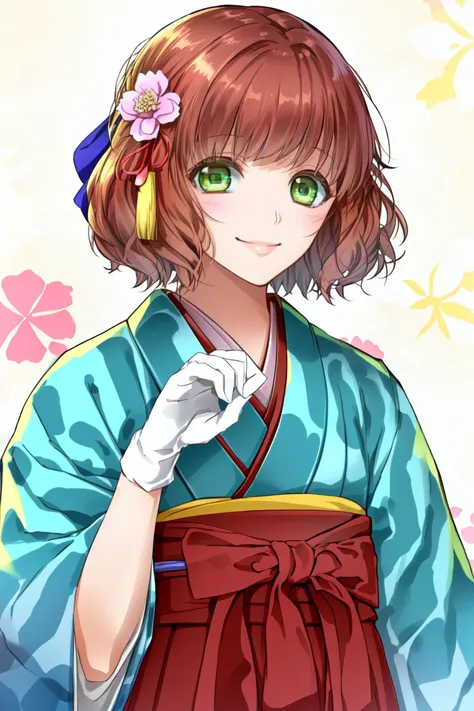 ichigestyle, 1girl, japanese clothes, green eyes, yagasuri, gloves, smile, kimono, flower, short hair, white gloves, brown hair,...