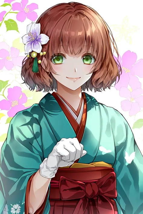 ichigestyle, 1girl, japanese clothes, green eyes, yagasuri, gloves, smile, kimono, flower, short hair, white gloves, brown hair,...