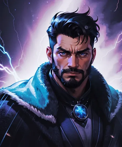 a man with a beard and a fur coat standing in front of lightning