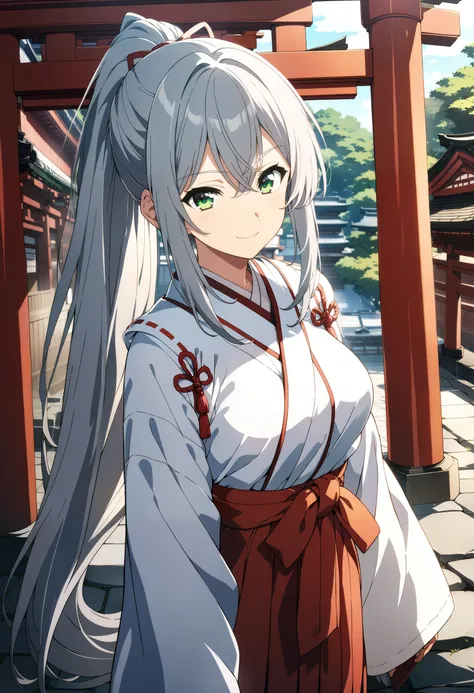 1girl, original, (solo:1.1), standing, upper body, athletic, , (mature female:1.1), medium breasts, intricate (silver hair:1.1), very long hair, ponytail, high ponytail, long ponytail, green eyes, warm smile,  miko, red hakama, white hosode, detailed ultra...