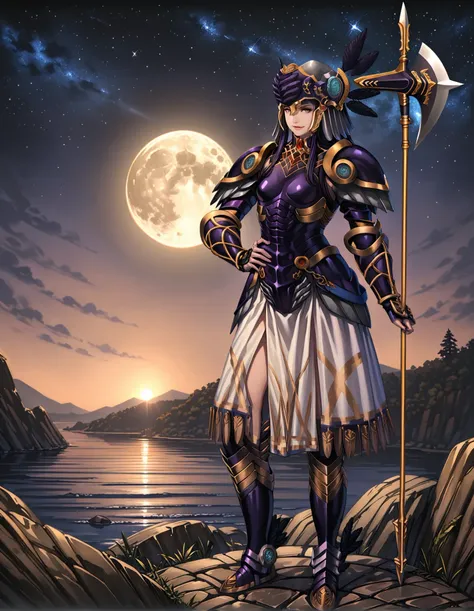 a woman in armor standing on a rock with a sword