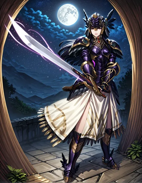 a woman in armor holding a sword in front of a full moon