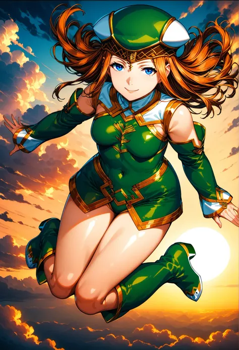 a woman in a green and gold outfit flying through the air