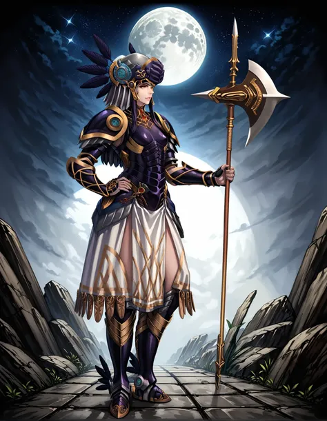 a woman in a costume holding a staff and a large moon