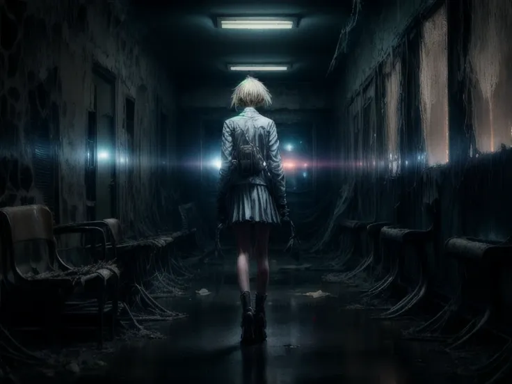 a woman in a short skirt walking down a dark hallway