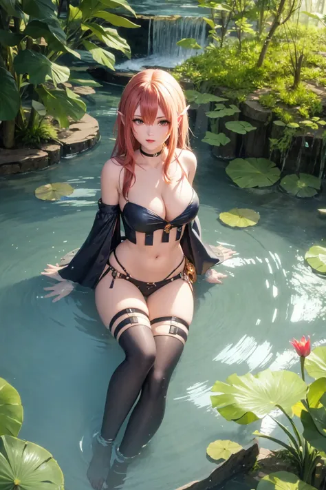 <lora:jak and daxter ashelin praxis:1> ashelin on a floating island, waterfalls, trees, pond, Lilly pads, full body, high detail, sharp focus