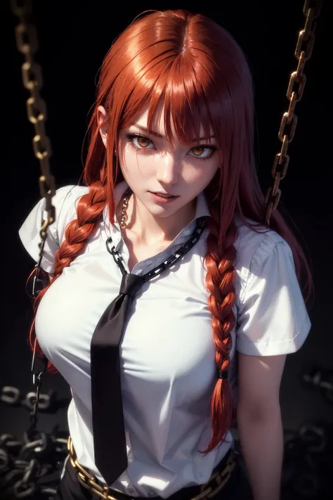 makima (chainsaw man), best quality, ultra detailed, 1girl, solo, standing, red hair, long braided hair, golden eyes, bangs, medium breasts, white shirt, necktie, stare, smile, (evil:1.2), looking at viewer, (interview:1.3), (dark background, chains:1.3), ...