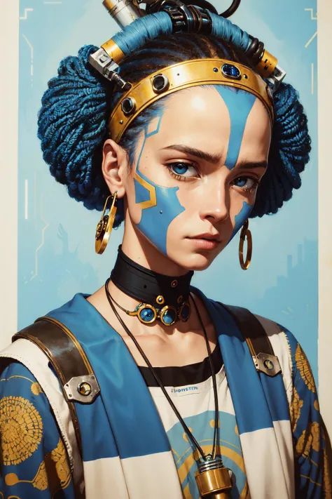 in the style of cyberpunk futurism, african influence, etam cru, light blue and gold, michael creese, steelpunk, michael hussar, white background,
best quality, high quality, editorial photo, absurdres, masterpiece, intricate detail, film grain,