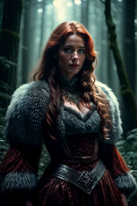 a woman in a red dress and fur coat standing in the woods