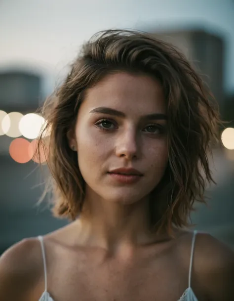 a close up of a woman with a very short hair