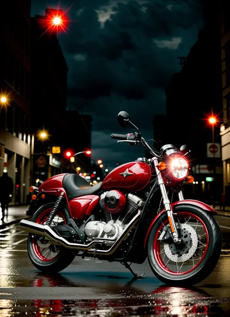 masterpiece, red sports motorcycle in the street, day time, wet weather, filmic, happy lighting, flare spots, brighter,