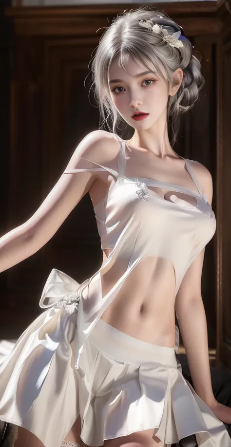 perfect skin, (best quality, masterpiece:1.2),1girl, black pantyhose, white hair, bare_shoulders, <lora:guofeng:0.8>,standing,white hair, (masterpiece:1.2, best quality), (real picture, intricate details), ear piercing, navel,shapely and long legs, detache...