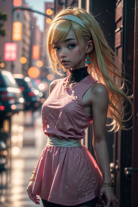 a close up of a woman with blonde hair and a pink dress