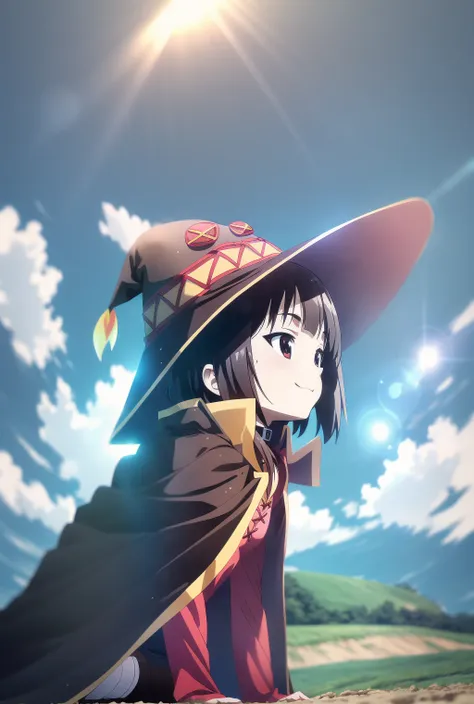 field; farm; megumin, sitting on ground, looking up, sky, smiling, crimson dress, cape, witch hat; sunlight; masterpiece;
 <hype...