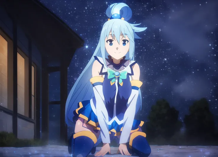 Axel; Aqua, smiling, on her knees; night; stars; sparkle;