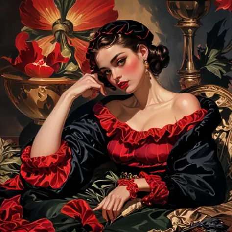 painting of a woman in a red dress sitting on a chair