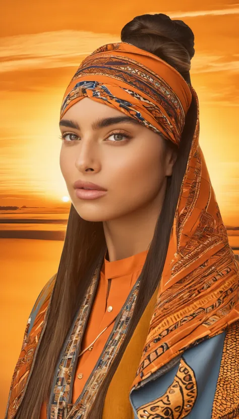 a woman wearing a head scarf and orange shirt