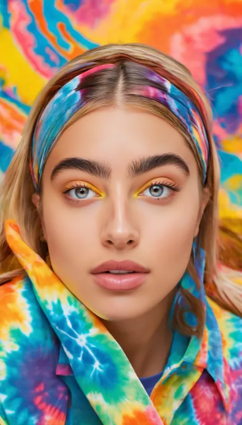 a woman with a tie dye headband and colorful makeup