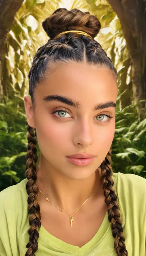 a woman with long braids and a green shirt looks into the camera