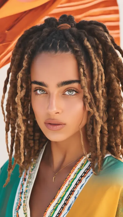 a woman with dreadlocks and a colorful top posing for a picture