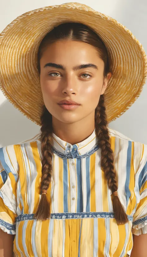 a woman with a hat and braid hair wearing a yellow dress