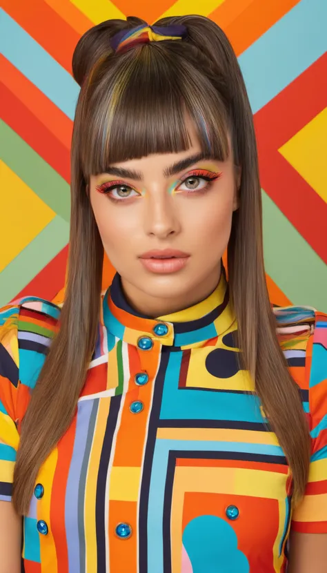 a woman with a colorful shirt and a bow in her hair