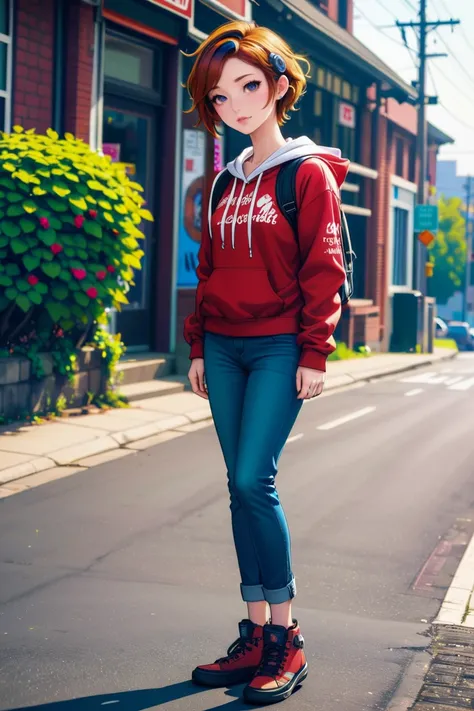 1girl, woman, magenta skin, f/1.4 lens, bokeh, tiny glowing crimson Hollyhock faerie, see-through gossamer, x3, bombshell hair, brown hair, Ringlet Curls, muscular hips, muscular legs, wide hips, narrow waist, abs, small breasts, caucasian<lora:EnvyTomboyX...