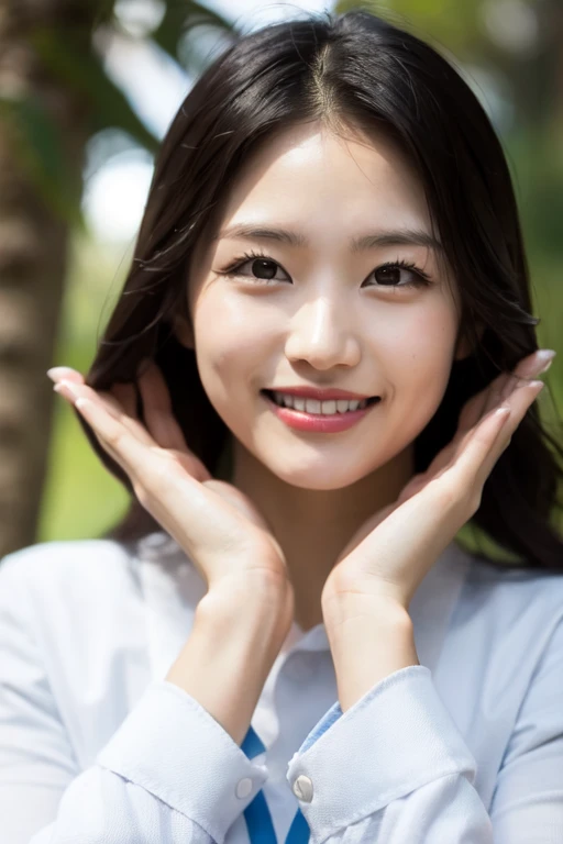  (medium shot), 1girl,(palms under chin:1.4), smiling beautiful Japanese female nurse wearing fitted nurse dress, beautiful detailed face, black hair, pale skin, realistic skin, detailed cloth texture, detailed hair texture, Perfect proportion, accurate, A...