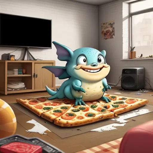 there is a cartoon dragon sitting on a pizza on the floor