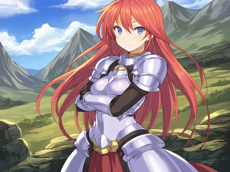 anime girl with long red hair and armor standing in a field