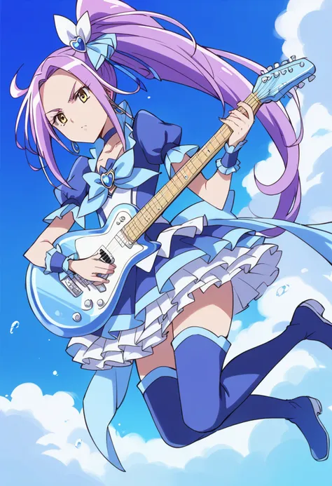 score_9, score_8_up, score_7_up, source_anime break
cure beat, 1girl, solo, purple hair, yellow eyes, love guitar rod, guitar, b...