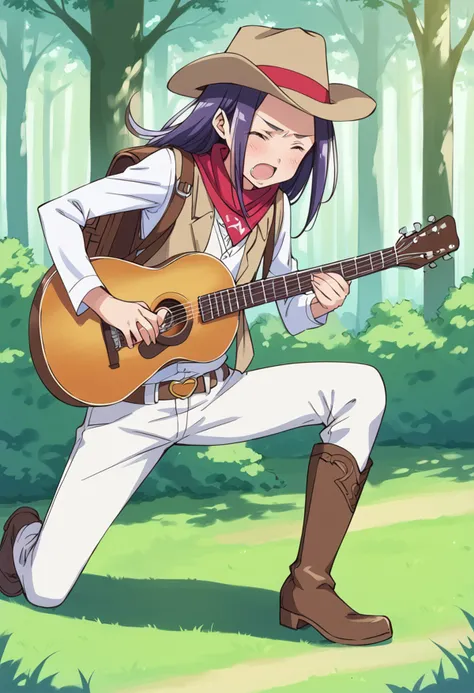 score_9, score_8_up, score_7_up, source_anime BREAK
kurokawa eren, 1girl, hat, solo, instrument, bag, cowboy hat, closed eyes, backpack, purple hair, guitar, open mouth, kneeling, cowboy western, long hair, blush, nature, tree, belt, bush, vest, forest, gr...