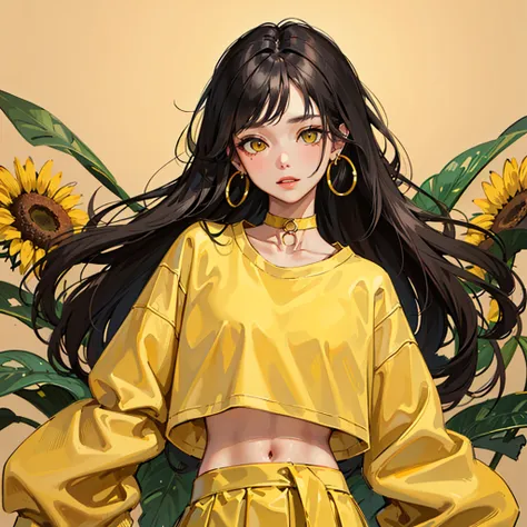 (masterpiece:1.2, best quality), 1lady, flat chest, solo, upper body, ((Good quailty:1.3)), ((black_hair)), (long hair), golden eyes, ((yellow sports shirt)), midriff, ((yellow choker)), ((yellow skirt)), (yellow colors:1.3), (side-swept bangs), ((highly_d...