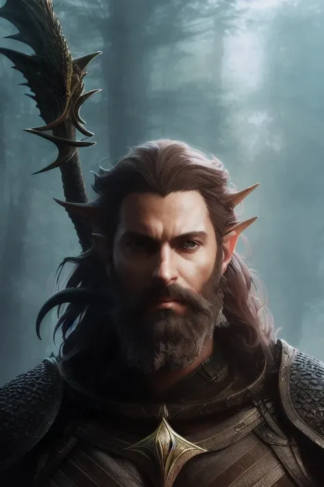 close-up head, facing camera, realistic digital painting portrait of a male half-elf ranger, (long brown hair:1.1), (full beard:1.1), (Dungeon and Dragon:1.3), magical dark and green universe, dark leather armor, (abstract background:1.2), (light particle:...