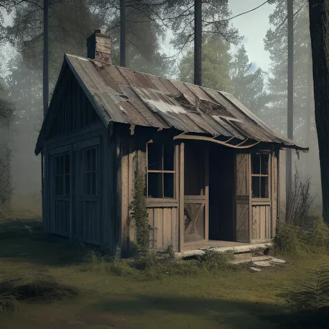 an abandoned dilapidated shack in dense dark woods, forest, landscape, (highly detailed, hd), high octane, 8k, high res, dramati...