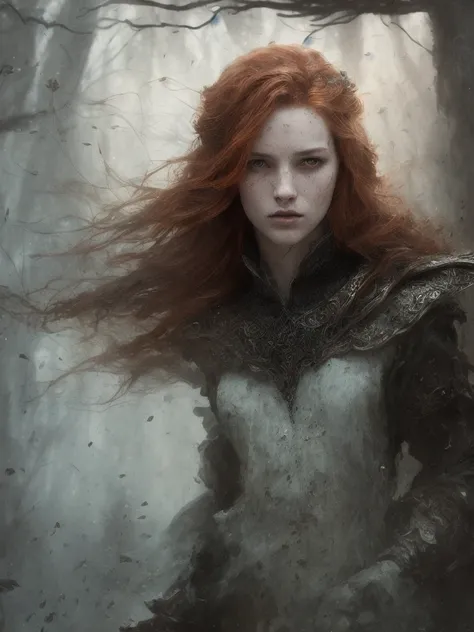 a female portrait of a hyperdetailed in the style of a dementor from harry potter and a rogue dnd character,ginger hair, (pleasant:1.3) thoughtful expression, full body, conjuring magical energy, cinematic shot on canon 5d ultra realistic skin, Fabian Pere...