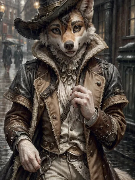 close-up portrait, canid, wearing fancy coat, pants, hat, in a 19th century street, walking, raining, sunlight, steampunk, smile, high detailed, cinematic lighting, complex background