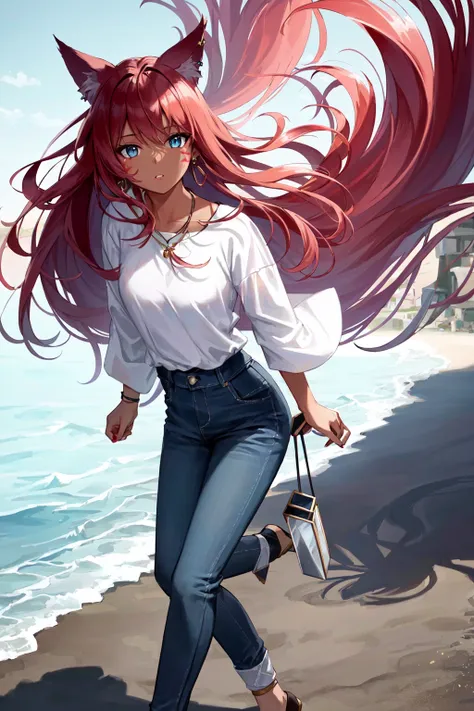 anime girl with long red hair walking on the beach