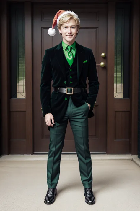 arafed young man in a green suit and green tie standing in front of a door