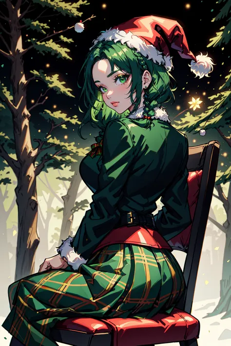 anime girl sitting on a chair in a forest with a santa hat